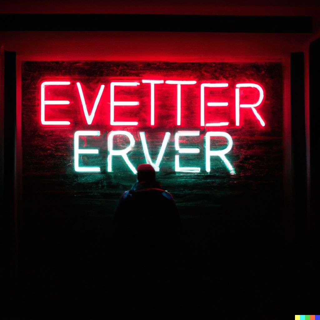 someone gazing at Mount Everest, neon sign on a black wall